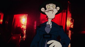 Movie still from “Coonskin” (1974), directed by Ralph Bakshi – A cartoon of a man smoking a cigarette in front of a window; Close Up shot, Low angle