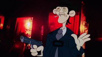 Movie still from “Coonskin” (1974), directed by Ralph Bakshi – An animated character smoking a cigarette and holding a gun; Close Up shot, Low angle