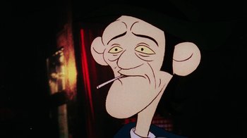 Movie still from “Coonskin” (1974), directed by Ralph Bakshi – An animated character is smoking a cigarette; Close Up shot, Low angle
