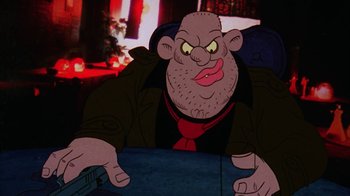 Movie still from “Coonskin” (1974), directed by Ralph Bakshi – An animated picture of a man with a beard; Close Up shot, Low angle