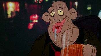 Movie still from “Coonskin” (1974), directed by Ralph Bakshi – A cartoon character's face; Close Up shot, Low angle