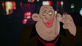 Movie still from “Coonskin” (1974), directed by Ralph Bakshi – An animated cartoon of a man with a beard and mustache; Close Up shot, Low angle