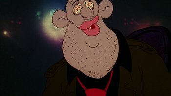 Movie still from “Coonskin” (1974), directed by Ralph Bakshi – An old man with a beard is smiling for the camera; Close Up shot, Low angle