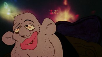Movie still from “Coonskin” (1974), directed by Ralph Bakshi – An animated elephant is smiling for the camera; Extreme Close Up shot, Low angle