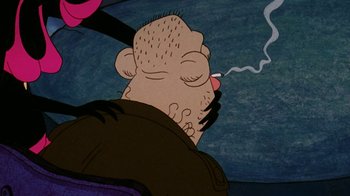 Movie still from “Coonskin” (1974), directed by Ralph Bakshi – A man smoking a cigarette while sitting on a chair; Extreme Close Up shot, Low angle