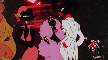 Movie still from “Coonskin” (1974), directed by Ralph Bakshi – A group of cartoon characters are standing in a dark room; Medium shot, Low angle