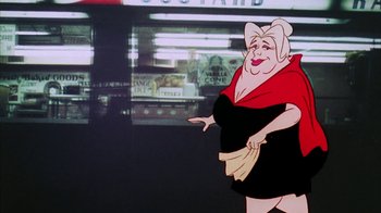 Movie still from “Coonskin” (1974), directed by Ralph Bakshi – An animated woman in a black and red dress; Medium shot, Low angle