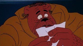 Movie still from “Coonskin” (1974), directed by Ralph Bakshi – An animated bear is holding a piece of paper in his hands; Extreme Close Up shot, High angle