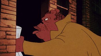 Movie still from “Coonskin” (1974), directed by Ralph Bakshi – An animated picture of an old man with a beard; Extreme Close Up shot, Low angle