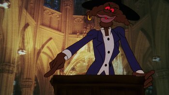 Movie still from “Coonskin” (1974), directed by Ralph Bakshi – A picture of a cartoon character in a suit; Medium shot, High angle