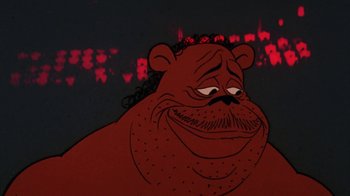 Movie still from “Coonskin” (1974), directed by Ralph Bakshi – A cartoon of an angry looking bear with red eyes; Close Up shot, Low angle
