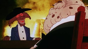 Movie still from “Coonskin” (1974), directed by Ralph Bakshi – A cartoon character and a person; Medium shot, Low angle