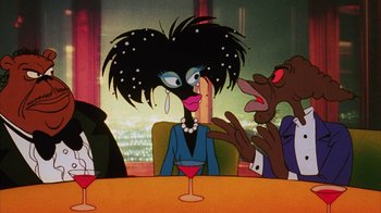 Movie still from “Coonskin” (1974), directed by Ralph Bakshi – A cartoon of a woman sitting at a table with a glass of wine; Medium shot, Over the shoulder angle