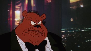 Movie still from “Coonskin” (1974), directed by Ralph Bakshi – A cartoon character with a bow tie; Close Up shot, Low angle