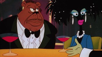 Movie still from “Coonskin” (1974), directed by Ralph Bakshi – A man and a woman sitting at a table with a glass of wine; Medium shot, Over the shoulder angle