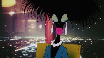 Movie still from “Coonskin” (1974), directed by Ralph Bakshi – An animated woman with a black hair and a pink lipstick; Close Up shot, Low angle