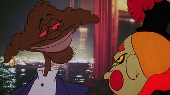 Movie still from “Coonskin” (1974), directed by Ralph Bakshi – A cartoon of a man and a chicken; Extreme Close Up shot, Low angle
