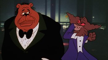 Movie still from “Coonskin” (1974), directed by Ralph Bakshi – Two cartoon characters in formal wear , one of them holding a cat; Close Up shot, Low angle
