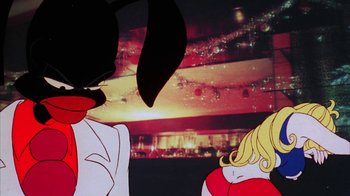 Movie still from “Coonskin” (1974), directed by Ralph Bakshi – A person's face in a cartoon; Close Up shot, Low angle