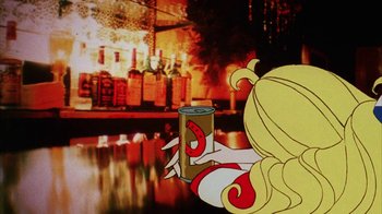 Movie still from “Coonskin” (1974), directed by Ralph Bakshi – A woman holding a can of soda on top of a table; Medium shot, Low angle