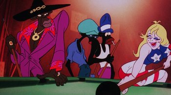 Movie still from “Coonskin” (1974), directed by Ralph Bakshi – A group of cartoon characters playing a game of billiards; Medium shot, Low angle