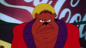 Movie still from “Coonskin” (1974), directed by Ralph Bakshi – A cartoon character with a beard; Close Up shot, Low angle