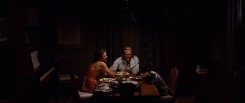 Movie still from “Crazy Heart” (2009), directed by Scott Cooper – A family sitting at a dinner table eating dinner; Wide shot, Over the shoulder angle