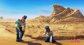 Movie still from “Despicable Me” (2010), directed by Pierre Coffin – Two men in uniforms are playing with a rope; Extreme Wide shot, Overhead angle