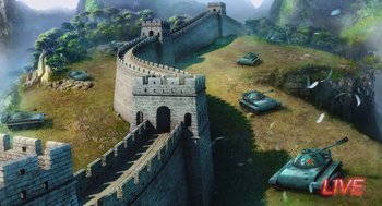 Movie still from “Despicable Me” (2010), directed by Pierre Coffin – An image of an ancient chinese wall in the middle of a field; Extreme Wide shot, High angle