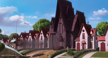 Movie still from “Despicable Me” (2010), directed by Pierre Coffin – A row of houses in a city with a sky background; Extreme Wide shot, Low angle