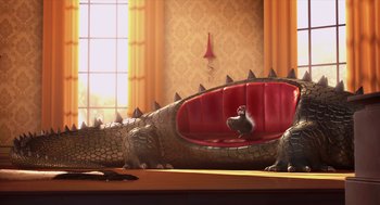 Movie still from “Despicable Me” (2010), directed by Pierre Coffin – An animated scene of a cat sitting on top of an alligator; Wide shot, High angle