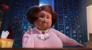 Movie still from “Despicable Me” (2010), directed by Pierre Coffin – A woman in a white dress is holding a cigarette; Medium shot, Low angle