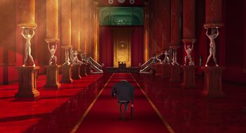 Movie still from “Despicable Me” (2010), directed by Pierre Coffin – An image of a chair in the middle of a red carpet; Extreme Wide shot, Low angle