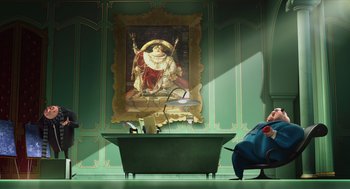 Movie still from “Despicable Me” (2010), directed by Pierre Coffin – A painting of a monkey hanging on the wall above a bath tub; Wide shot, Low angle