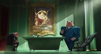 Movie still from “Despicable Me” (2010), directed by Pierre Coffin – An animated pig sitting in front of a painting; Wide shot, Low angle