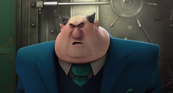 Movie still from “Despicable Me” (2010), directed by Pierre Coffin – An image of an animated character with a green tie; Close Up shot, Low angle