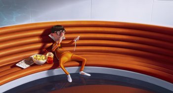Movie still from “Despicable Me” (2010), directed by Pierre Coffin – An animated woman sitting on a bench with a bowl of fruit; Wide shot, High angle