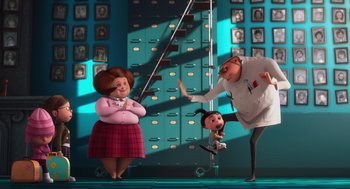 Movie still from “Despicable Me” (2010), directed by Pierre Coffin – A couple of people standing next to each other in a room; Wide shot, Low angle