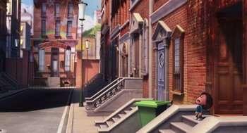 Movie still from “Despicable Me” (2010), directed by Pierre Coffin – A street scene with stairs and a green trash can; Extreme Wide shot, High angle