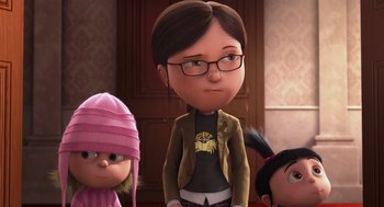 Movie still from “Despicable Me” (2010), directed by Pierre Coffin – A cartoon of a woman with glasses and a jacket; Medium shot, Over the shoulder angle