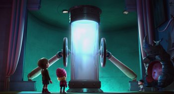 Movie still from “Despicable Me” (2010), directed by Pierre Coffin – Two kids standing in front of a large object; Wide shot, Low angle
