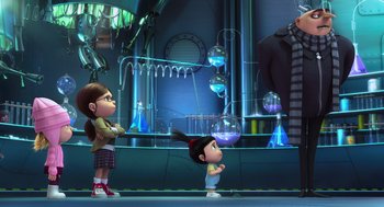Movie still from “Despicable Me” (2010), directed by Pierre Coffin – A scene from the movie despicable me; Wide shot, Over the shoulder angle