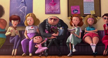 Movie still from “Despicable Me” (2010), directed by Pierre Coffin – A group of people that are sitting on a couch; Wide shot, Low angle