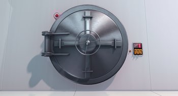 Movie still from “Despicable Me” (2010), directed by Pierre Coffin – A large metal door that is open to show the inside of the door; Wide shot, Low angle