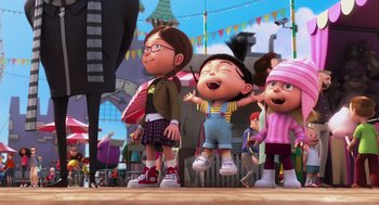 Movie still from “Despicable Me” (2010), directed by Pierre Coffin – A group of children standing next to each other; Wide shot, Low angle