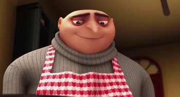 Movie still from “Despicable Me” (2010), directed by Pierre Coffin – An image of an animated character wearing an apron; Close Up shot, Low angle