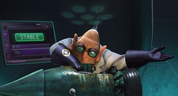 Movie still from “Despicable Me” (2010), directed by Pierre Coffin – An image of an animated character in a cartoon setting; Medium shot, Low angle