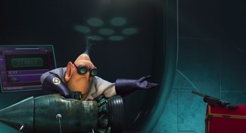 Movie still from “Despicable Me” (2010), directed by Pierre Coffin – An image of an animated character in a movie setting; Wide shot, Low angle