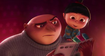 Movie still from “Despicable Me” (2010), directed by Pierre Coffin – An animated scene of a man and a girl; Close Up shot, Over the shoulder angle