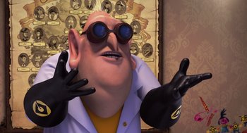 Movie still from “Despicable Me” (2010), directed by Pierre Coffin – An image of an animated character wearing a lab coat; Medium shot, Over the shoulder angle